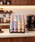 4 Tier Water Bottle Organizer Rack For 40oz Tumblers And Bottles, Carbon Steel Frame With Wooden Shelves, shown on kitchen counter