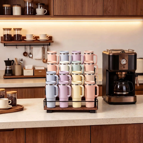 4 Tier Water Bottle Organizer Rack For 40oz Tumblers And Bottles, Carbon Steel Frame With Wooden Shelves, shown on kitchen counter