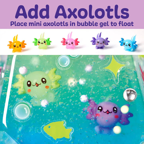 Totally Glowing Axolotl Aquarium Craft Kit For Kids Ages 6 And Up With Five Mini Axolotls, Glow In The Dark Decor, And STEM Fun, Hands On Arts And Science Gift For Girls And Boys; five colorful axolotl figures