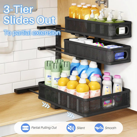 No Sweat Slick 3 Tier Under Sink Organizer Height Adjustable Metal Pull Out Cabinet Shelf With Smooth Glide Design For Zero Hassle Kitchen Pantry Bathroom And Laundry Storage 2 Pack Black with cleaning supplies.