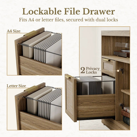Lockable file drawer for A4 and letter-size files with dual privacy locks in natural oak finish.