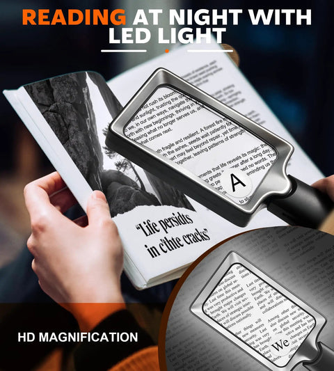 Lighted Handheld Magnifier With 20 LED Lights Dual Magnification Rectangle Glass For Seniors Reading non-glare illumination.