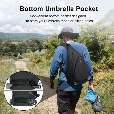 Man using Women Sling Bag With 8 Pockets 19L One Strap Crossbody Backpack For Travel Hiking And Everyday Use outside with umbrella pocket