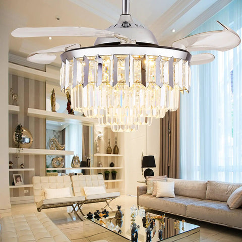 36 Inch Retractable Fandelier Ceiling Fan with remote and dimmable light, crystal chandelier style, living room