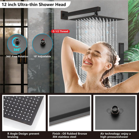 Wall Mount Shower System With Square Rain Shower Head And Hand Sprayer Rough In Valve And Trim Kit Included 12 Inch Oil Rubbed Bronze Finish Modern Space Saving Shower Faucet Set For An Easy Install And Bathroom Upgrade displaying a woman enjoying water from rainfall head