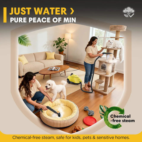 2-in-1 Heavy Duty Steam Mop 1500W Power, 1.4L Tank With 26 Accessories For Floors And Cars, cleaning pet bed and cat tree.