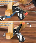 Heavy Duty Retractable Workbench Casters Kit 720 Lb Capacity Side Mounted Wheels with easy pedal lift demonstration