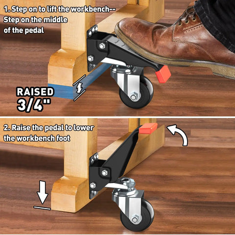 Heavy Duty Retractable Workbench Casters Kit 720 Lb Capacity Side Mounted Wheels with easy pedal lift demonstration