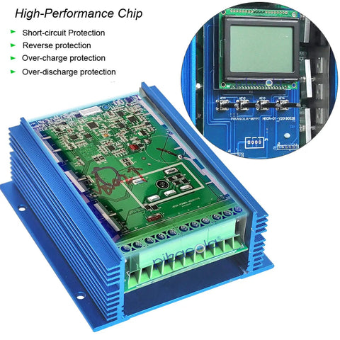 Off Grid Hybrid Wind And Solar Charge Controller 1400W MPPT Auto 12/24V Battery Compatible With Lithium Unloader Boost Float showing internal circuit board and LCD display