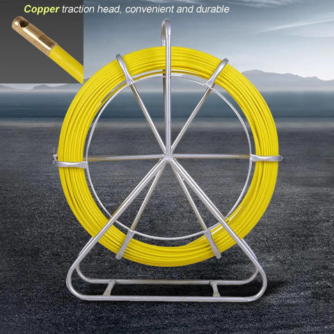 Heavy Duty Fiberglass Fish Tape 425 Ft 6MM Duct Rodder With Brake Electrical Cable Puller with copper tip and steel frame stand