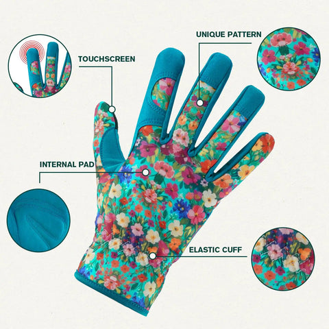 Womens Gardening Gloves With Printed Design And Touchscreen Grip For Thorn Proof Puncture Resistant Work Gloves For Weeding Planting Pruning And Daily Garden Tasks For Everyday Use shown with floral print and touchscreen fingers.