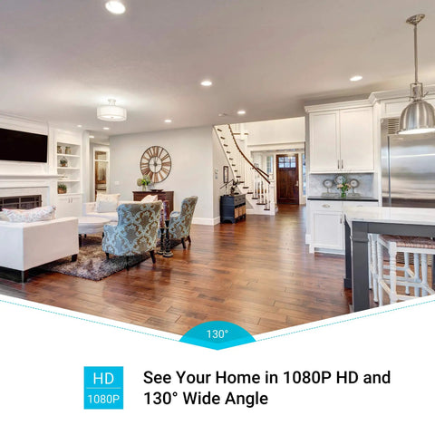 1080p Indoor Security Camera With AI Motion Detection and 2 Way Audio showing 130° view of modern living room.