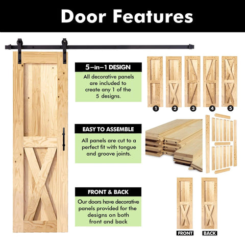 Diagram of sliding barn door features with interchangeable wood panels and track system, designed for easy assembly.