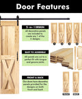 Heavy Duty Black Sliding Barn Door Hardware Kit For 40 Inch By 80 Inch Single Door With 7 Foot Flat Track, Classic Roller System Built Tough, Interior Use Only, Premium Carbon Steel Frame, Durable Nylon Wheels, Easy Install shown with 5-in-1 design, easy to assemble panels, front and back views.