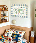 World Map Classroom Banner For Geography Learning 20x30 Inch Wall Hanging Sign in kids room with colorful decor and toys