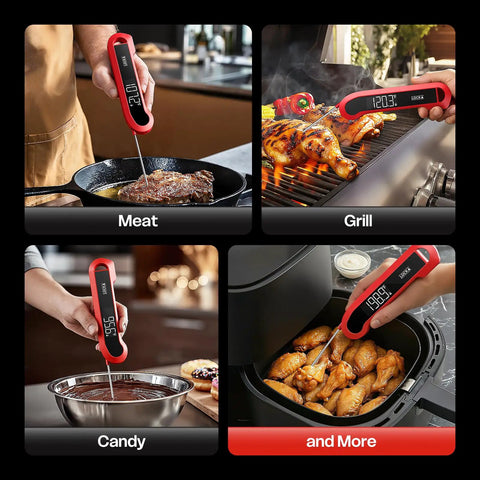 Four images showing the 0.3 Second Instant Read Digital Meat Thermometer For Cooking And Grilling used on steak, grill, candy, and air fryer.