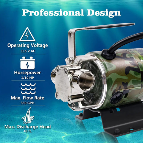 Professional design details of Water Transfer Pump 115V With Switch, 330 GPH Utility Pump featuring operating voltage and flow rate.