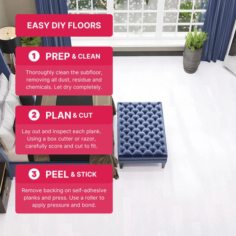 Installation steps for Premium Peel And Stick Luxury Vinyl Flooring Tiles With BaseCore shown on a grey wood grain texture floor.