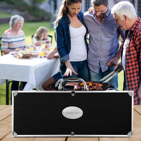 Family using 22 Piece Stainless Steel BBQ Tools Set With Aluminum Case Outdoor Grill Accessories Kit, gathered around grill