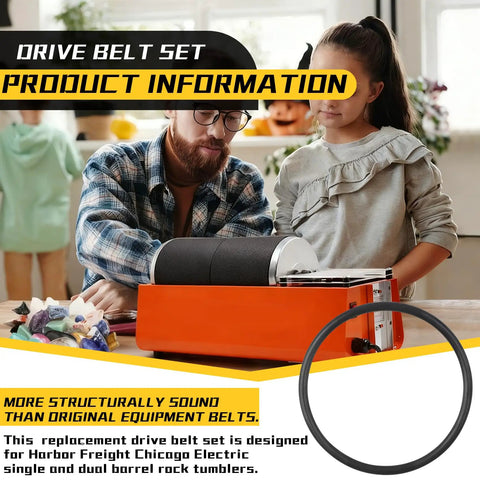 Replacement Drive Belt For Single And Dual Barrel Rock Tumblers 3 Pack Beefy Nitrile Rubber Construction Built To Last Fits Central Machinery ABN Viyuki Models shown installed on a rock tumbler next to a couple assembling rocks.