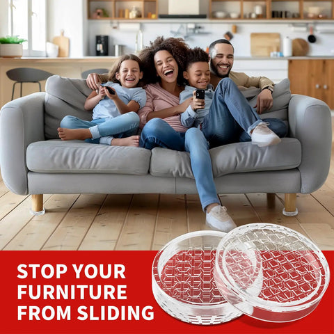 No Slip Furniture Pads 16 Pcs 1.6 Inch Round Rubber Caster Cups shown on a couch to prevent sliding on hardwood floors