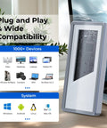 Sleek Plug And Play M.2 NVMe SSD Enclosure With Smart Cooling Fan And Transparent Back Plate For Thunderbolt 3 4 USB4 setup showing compatibility icons.