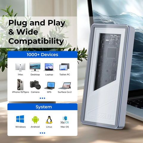 Sleek Plug And Play M.2 NVMe SSD Enclosure With Smart Cooling Fan And Transparent Back Plate For Thunderbolt 3 4 USB4 setup showing compatibility icons.