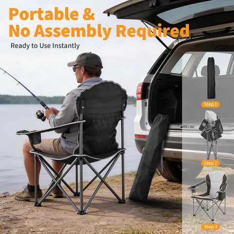 Person using Oversized Folding Camping Chair For Adults With Cup Holders Portable Outdoor Collapsible Seat Beefy 500 Lbs Capacity