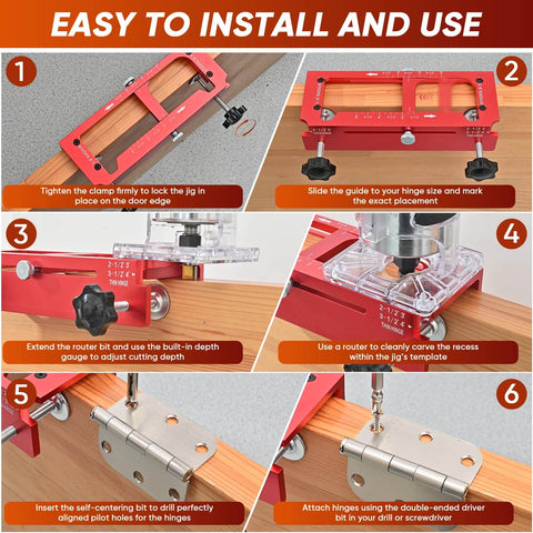 Steps for using Heavy Duty Aluminum Door Hinge Jig With Adjustable Router Template For Two Point Five To Five Inch Hinges