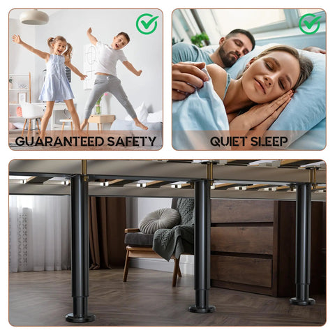 Image of Heavy Duty Adjustable Bed Frame Support Legs Built Tough, showing black steel support under a bed for stability.