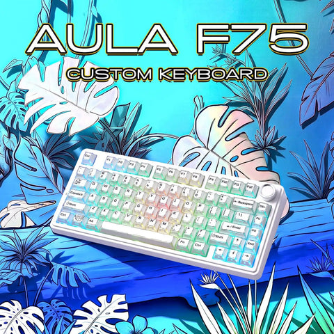 Badass Wireless Mechanical Gaming Keyboard With Dope Creamy Switches And Smooth Volume Knobs Features Tri Mode Bluetooth And Usb C Wired Connect For Gamer Desk Setup against a tropical background.