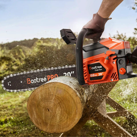 Pro Grade 62cc Gas Chainsaw 20 Inch With 2 Cycle Engine cutting log outdoors