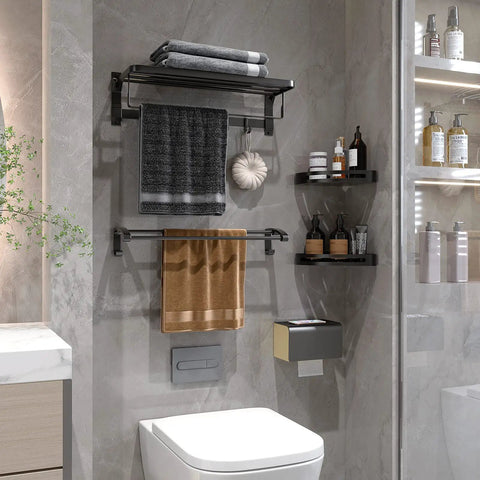 Pro Grade Heavy Duty Aluminum Wall Mount Towel Rack With Shelf And Hooks 24 Inch Double Foldable Towel Bar Matte Black in bathroom