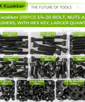 Badass 1/4-20 Hex Socket Head Cap Screw And Nut Assortment Kit With 220 Pieces Of Heavy Duty Stainless Fasteners And Flat Washers, organized hardware set.