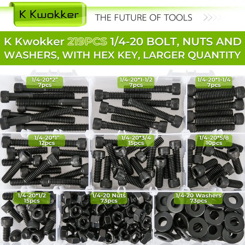 Badass 1/4-20 Hex Socket Head Cap Screw And Nut Assortment Kit With 220 Pieces Of Heavy Duty Stainless Fasteners And Flat Washers, organized hardware set.