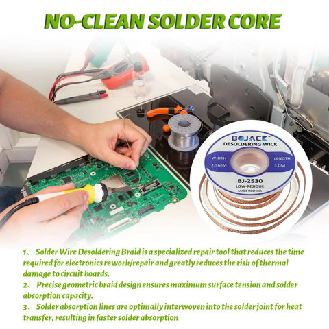 Desoldering Braided Wire 2.5mm x 3m Copper Tin No Clean Solder Wick For Easy Electronics Repair shown with circuit board