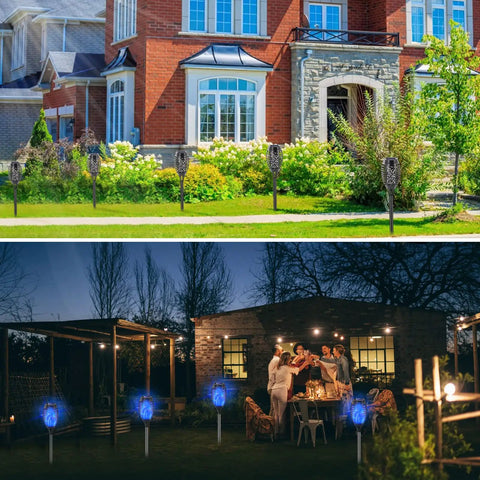 Blue Outdoor Solar Torch Lights 12 Pack With Flickering Flame Waterproof Mini Tiki Torches For Landscape Garden And Pathway lighting next to house and during a night outdoor party