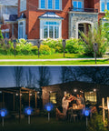 Blue Solar Torch Lights 8 Pack With Flickering Flame illuminating a front yard pathway and an evening outdoor gathering scene