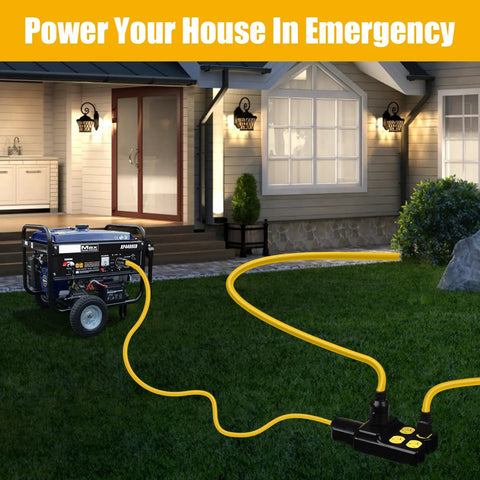 Heavy Duty Nema L14-30p To Four Port Generator Power Adapter With Twist Lock Plug, 30 Amp Extension Cord connected to generator.