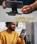 Person using MagSafe Wallet With Five Card Slots, RFID Blocking, And Adjustable Stand on phone