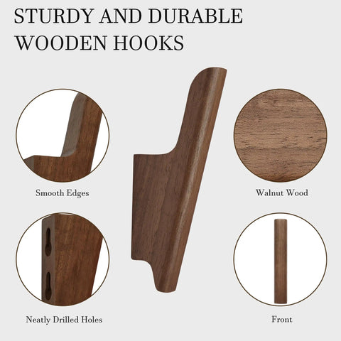 Rock-Solid Natural Walnut Wood 4 Pack Wall-Mounted Coat Hooks for a Super Entryway Glow Up Handcrafted Modern Hooks in close-up.