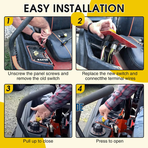 Easy installation guide for PTO Switch For Lawn Mower Clutch Upgrade 10 Amp Waterproof Dustproof IP65 Heavy Duty Yellow for Bad Boy Mowers.