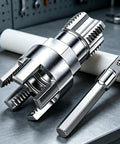 Pro Grade Alloy Pipe Threader And Trimmer, detailed view of steel cutter and handle on a workbench for plumbing tasks.