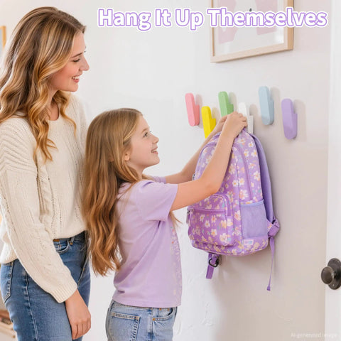 Gotta Love These Sweet Wall Hooks For Backpacks And Kids Rooms Six Pack Dreamy Rainbow Macaron Colors, kids using colorful hooks for backpacks.