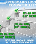 Clear Pegboard Clips For 1/4 Peg Hooks And Slatwall No Fuss Inventory Clips Peg Locks For Retail Hooks On Peg Board And Slat Wall Panels Ideal For Store Displays 100 Pack, showing hook compatibility chart.