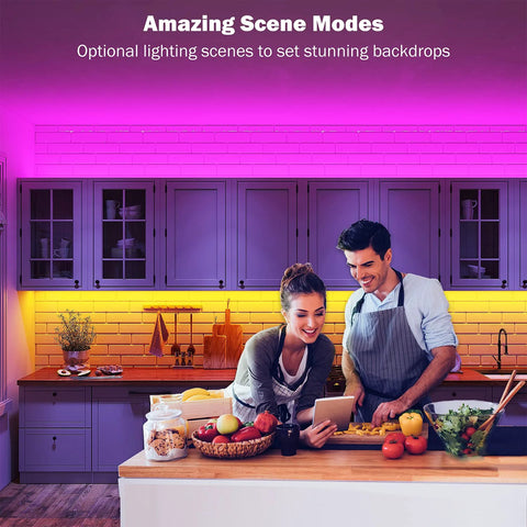 Leeleberd RGB LED strip lights, 100 ft total (2 rolls), color-changing with remote and app, installed under kitchen cabinets