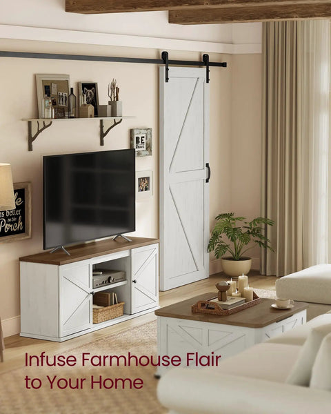 Farmhouse TV Stand Built To Handle 65 Inch TVs With Sliding Barn Doors, Rustic White And Honey Brown in living room