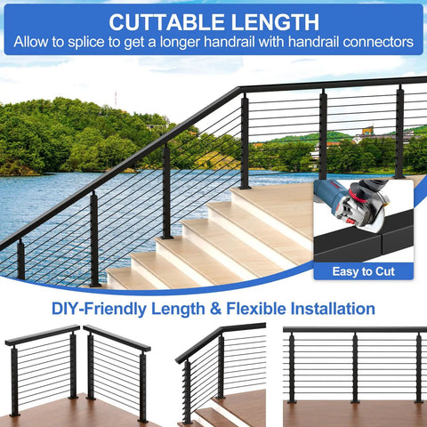 Top Shelf Six Foot Six Inch Stainless Steel Rectangular Handrail Cuttable Cable Railing System Black Flat Top Rail showing cuttable length for DIY installation.