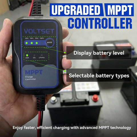 Close-up of No-Nonsense 12V Solar Battery Charger With LCD Voltage Tester, showing MPPT controller and battery level display options.