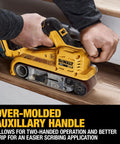 Heavy Duty 20V Max Cordless Belt Sander With A Badass Brushless Motor And Hassle Free Airlock Dust Capture For Top Tier Woodworking and Smoother Finish Results Tool Only in use with two-handed grip for better control.